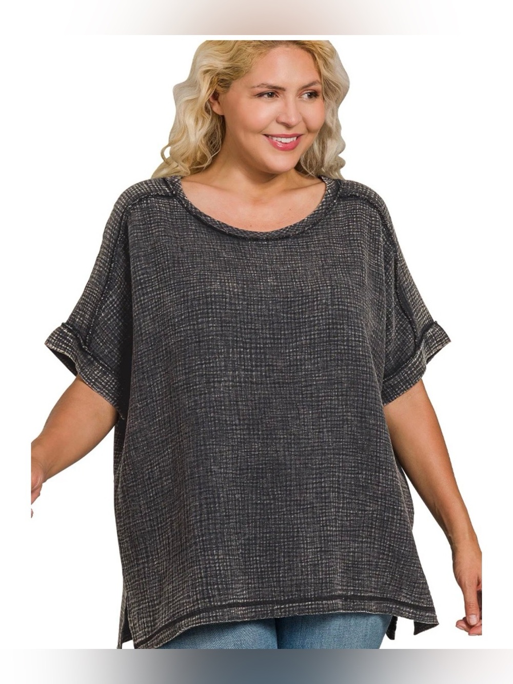 NWT Zenana Women’s Ashton Acid Wash Ash Black Double Gauze Top Shirt - Size L - Picture 8 of 13